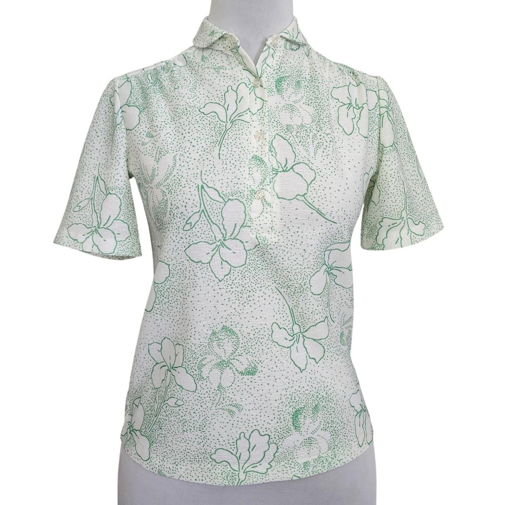 Vintage Devon Floral Blouse Womens Green White Crepe Nylon Cottagecore Top‎